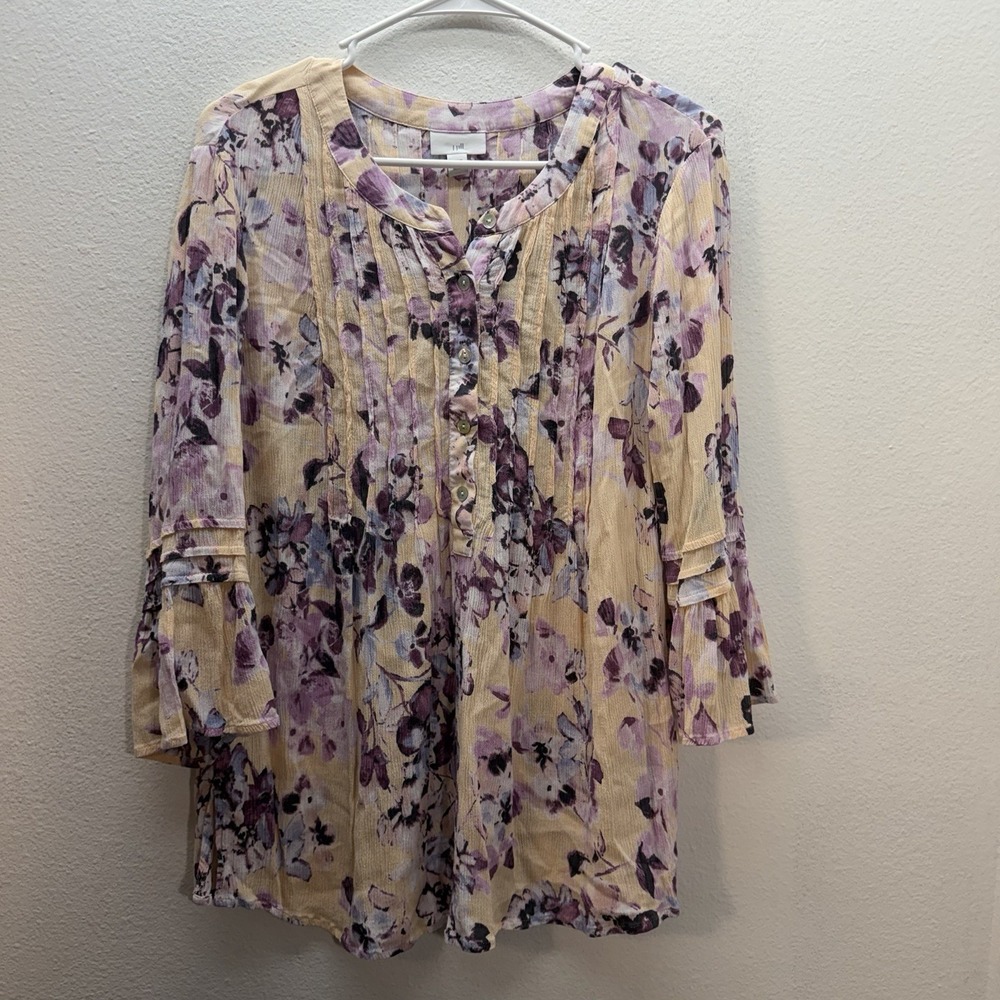 J.JILL Sz M Petite Crinkle Gauze Boho Floral Peasant Top  Pleated Half‎ Button